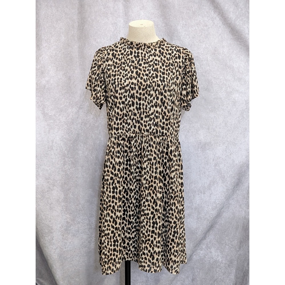Loft Women Leopard Print Mock Neck Short Sleeve Fit and Flare Dress Brown M C605